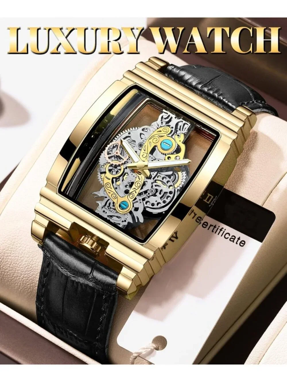 Luxury Hollow Skeleton Watch - Retro Gear Design, Large Dial, Leather & Steel
